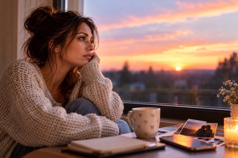 Woman sitting beside a window at sunset, with photographs and a phone on the table.