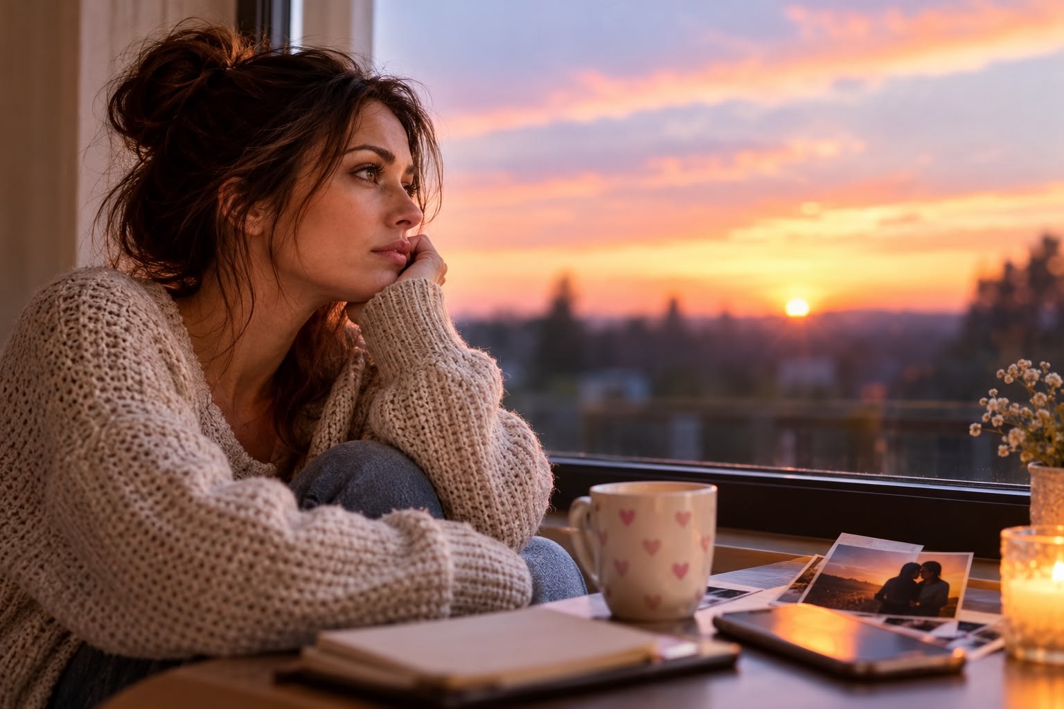 Woman sitting beside a window at sunset, with photographs and a phone on the table.