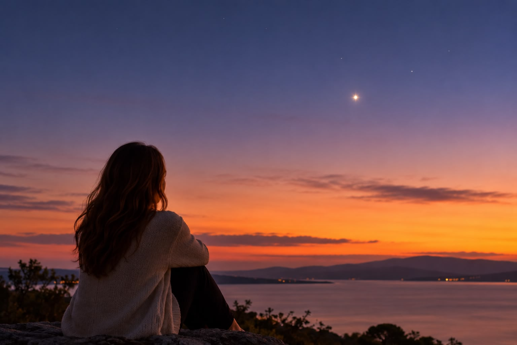 Woman seated overlooking the water at sunset, gazing at a bright point of light in the twilight sky.