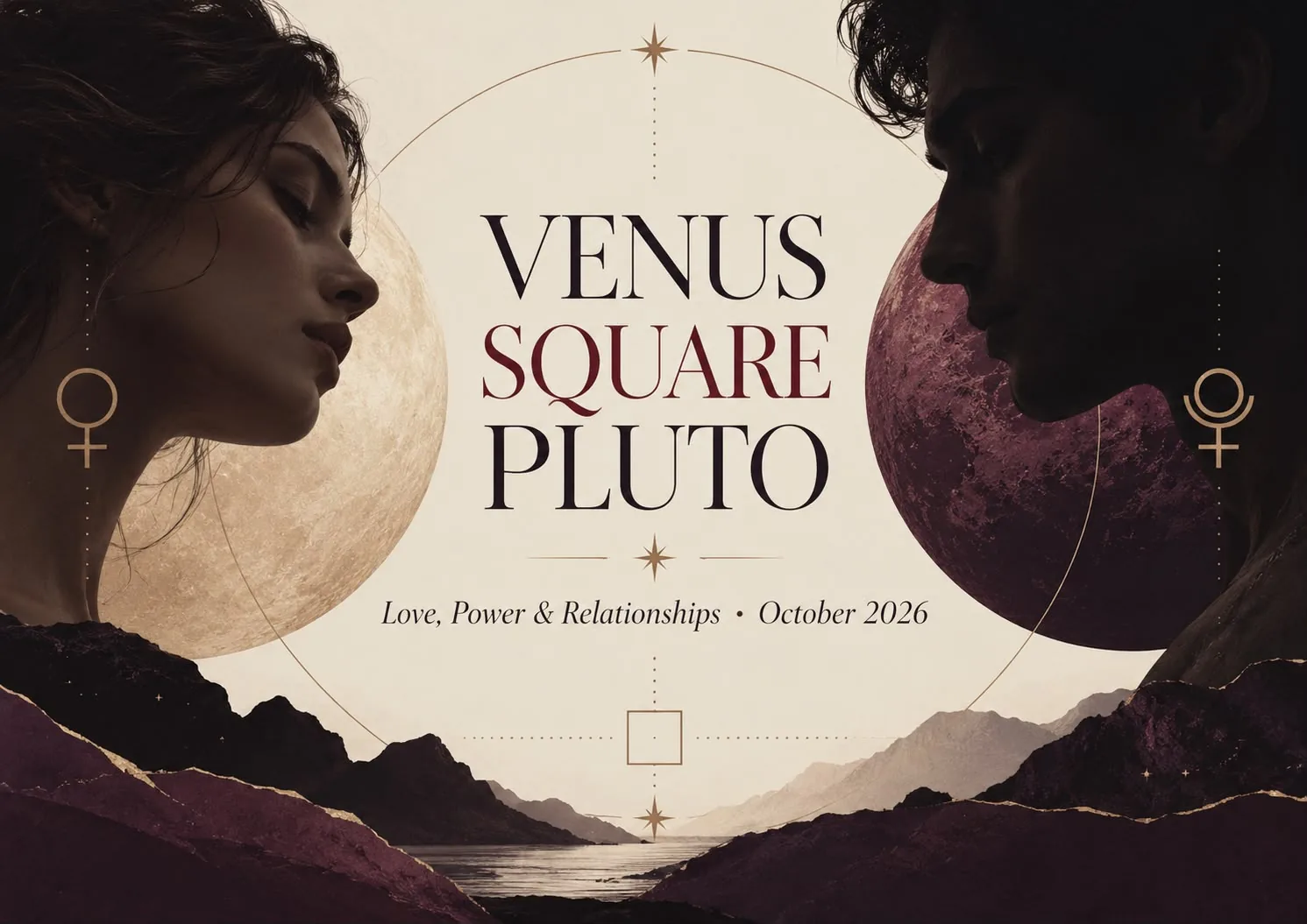 Venus square Pluto October 2026 astrology illustration exploring love, power and relationships.